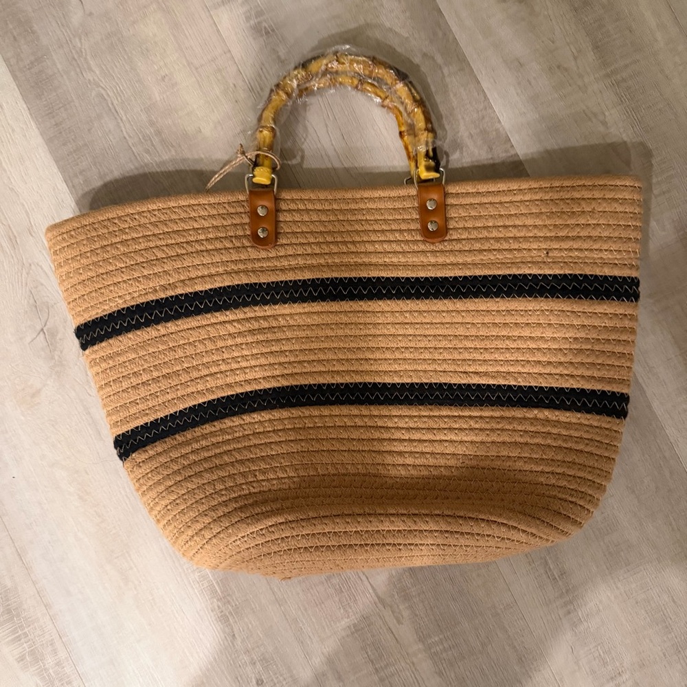 Magid Tan Straw Tote with Black Stripe Detail